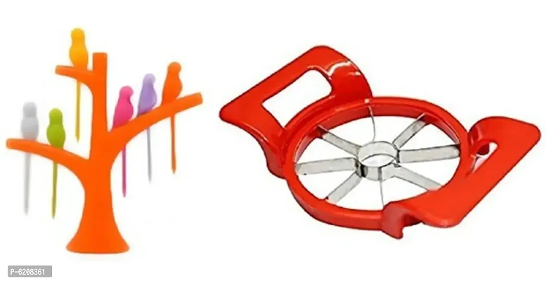 Combo of Plastic Fruit Fork Set with Stand and apple Cutter