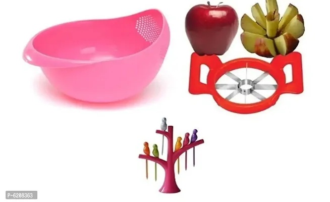 Combo of Plastic Fruit Fork Set with Stand and apple Cutter  + Rice bowl