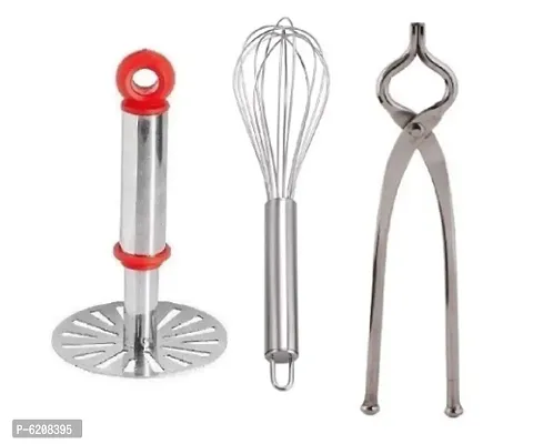 Combo of   Potato  Masher with Stainless Steel Egg Beater Whisker and Pincer Sansi Pakkad-thumb0