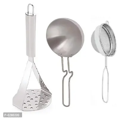 Combo of Potato Vegetables Pav Bhaji Masher, Aluminium Tadka Pan and Tea Strainer