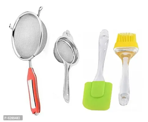 Combo of Stainless Steel Soup Juice Strainer with Steel Tea Strainer and Silicone Spatula Brush Set-thumb0