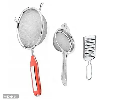 Combo of Stainless Steel Soup Juice Strainer with Steel Tea Strainer and Steel Cheese Grater-thumb0