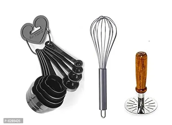 Combo of   8 pcs  MEASURING SPOONS AND CUPS SET+PAV BHAJI MASHER WOODEN HANDLE +  STAINLESS STELL WHISKER