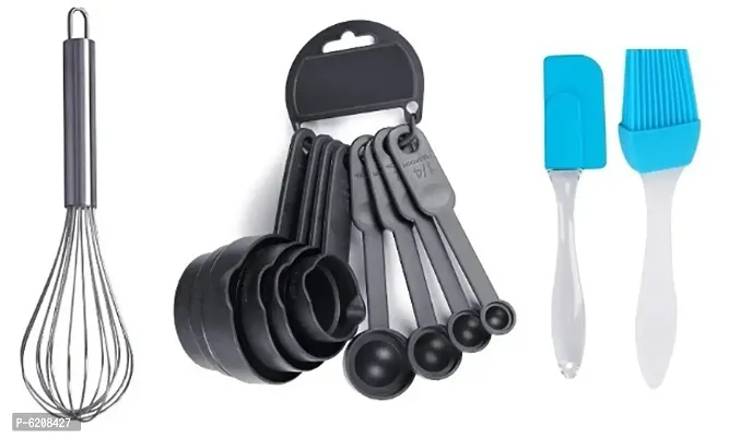 Combo of   8 pcs  MEASURING SPOONS AND CUPS SET  +  STAINLESS STELL WHISKER  + Spatula Silicon Brush