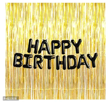 Happy Birthday Party Decorations Foil Black Balloon Golden Fringe Curtain Pack of 2 Fringe Curtain and 1 Letter Balloon Combo Set-thumb0