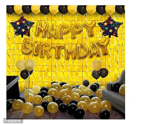 Happy Birthday Letter Star Foil with Metallic Balloons and Square Curtains Tinsel Backdrop (GOLDEN BLACK