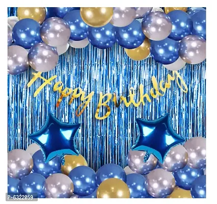 happy birthday balloon decoration set is 41Pcs combo -  1pc golden foil happy birthday  Bunting banner, 1pc blue foil curtain, 2pcs blue star foil balloons,, 15Pcs blue metallic balloons, 15pcs silve-thumb0
