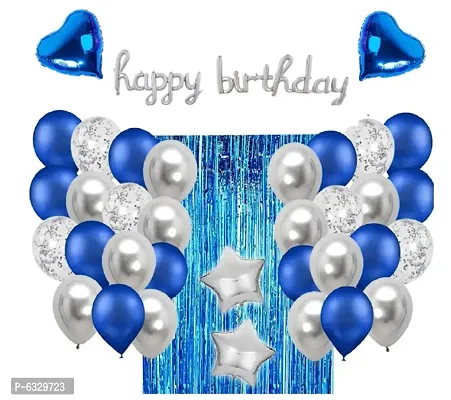 52pcs Silver Cursive Happy Birthday Combo-1 cursive happy birthday foil ballo 2 pcs blue fringe curtain, 2 pcs silver star foil balloons, 2 pcs heart foil balloons, 12 pcs white metallic