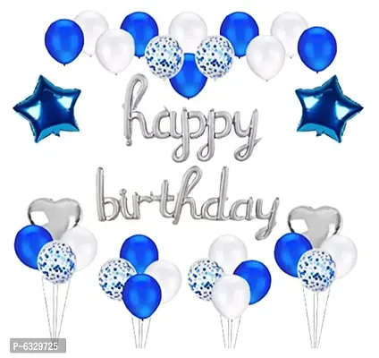 46pcs Blue Silver Cursive Happy Birthday Combo -1 cursive happy birthday foil ballo, 2 pcs star foil ballo , 2 pcs heart foil ballo , 1 pcs ribbon, 10 pcs white metal-thumb0