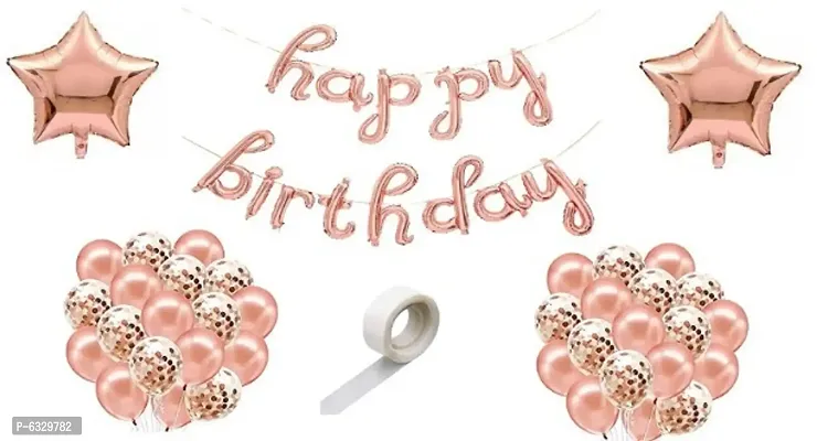 Rose Gold Cursive Happy Birthday Foil Balloons + 5 Rose Gold Baloons + 5 Confetti Balloons + 2  ROSE GOLD Star Foil Balloons + 1 GLue Dots for Theme Birthday Party Decoration