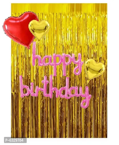 Cursive Happy Birthday with Heart Foil Ballo Cursive Foil Ballo , 2 Pcs Fringe Party Curtain (Golden ) , 1 Pc Large red Heart and 2-thumb0