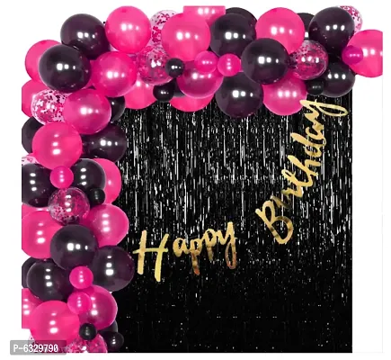 Set of 79 - 1 Pc Birthday bunting Banner (Golden), 1 Pc Foil Curtain (Black) , 5pcs confitti  Balloon, 35 Pcs Each Pink and Black Balloons, 1 Pc Glue Dots and 1 Arch