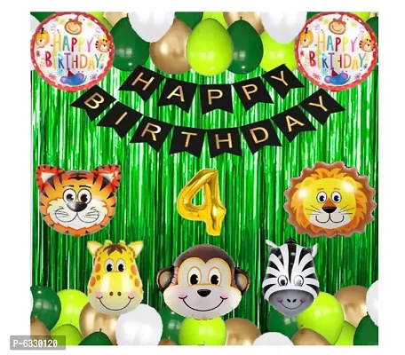 Jungle Theme Birthday Decoration Items - - Happy Birthday Black Banner+ 40 HD Metallic Dark Green , Light Green , White and Gold Balloons+ 5 Pcs Animal Foil Balloons + 2 Green Foil Fringes Curtains