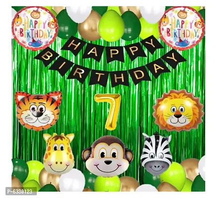 Jungle Theme Birthday Decoration Items - - Happy Birthday Black Banner+ 40 HD Metallic Dark Green , Light Green , White and Gold Balloons+ 5 Pcs Animal Foil Balloons + 2 Green Foil Fringes Curtains