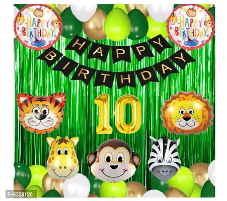 Jungle Theme Birthday Decoration Items - - Happy Birthday Black Banner+ 40 HD Metallic Dark Green , Light Green , White and Gold Balloons+ 5 Pcs Animal Foil Balloons + 2 Green Foil Fringes Curtains