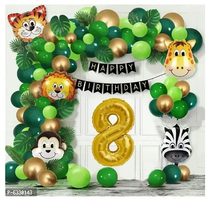 Jungle Theme  78 Pcs -  30 Dark Green 30 Light Green 10 Golden balloons and 1 PCS Black  birthday banner and selective  no.  letter golden foil balloon 5 pcs