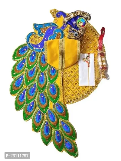 Size 5 Peacock Pattern Thakurji/ Kanha/ Bal Gopal/ Krishna/ Ladoo/ Laddu Gopalji Dress Poshak, Mala, Mukut, Basuri (Yellow)