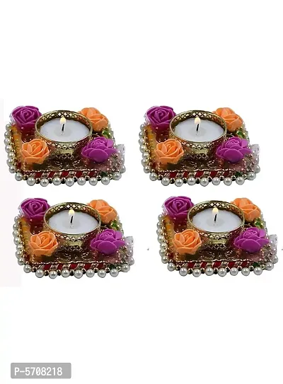 Beautiful Tea Light Candle Holder With Candles For Diwali Decoration (Set Of 4)
