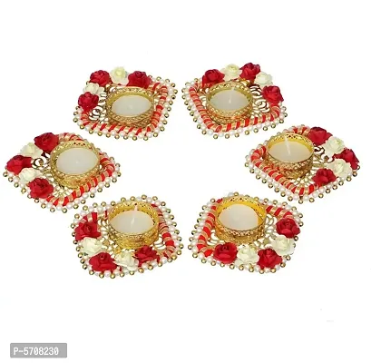 Beautiful Tea Light Candle Holder With Candles For Diwali Decoration (Set Of 6)