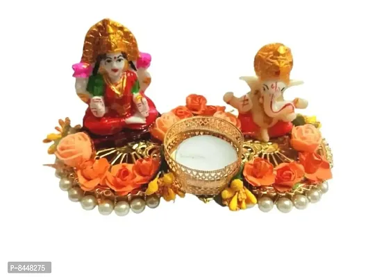 Beautiful Artificial Rose Flower Diya Rangoli Lakshmi Ji And Ganpati Ji Tealight Holder With Candle Diwali Diya Decorative Flowers -Set Of 1