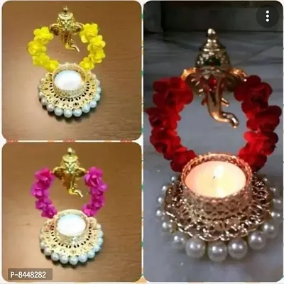 Beautiful Artificial Rose Flower Diya Rangoli Ganpati Tealight Holder With Candle Diwali Diya Decorative Flowers -Set Of 3-thumb0