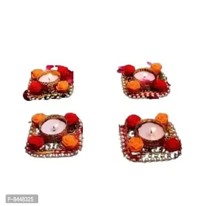 Beautiful Artificial Rose Flower Diya Rangoli Candles Tealight Holder Diwali Diya Decorative Flowers -Set Of 4
