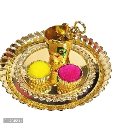 Radha Krishna Printed Bucket Pichkari for Laddu Gopal ji Holi Celebration Red, Plate Diameter 5 inch , 4 empty bowls