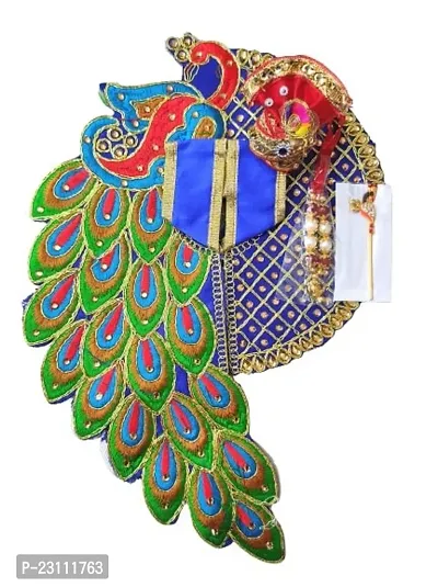Size 6 Peacock Pattern Thakurji/ Kanha/ Bal Gopal/ Krishna/ Ladoo/ Laddu Gopalji Dress Poshak, Mala, Mukut, Basuri (Blue)