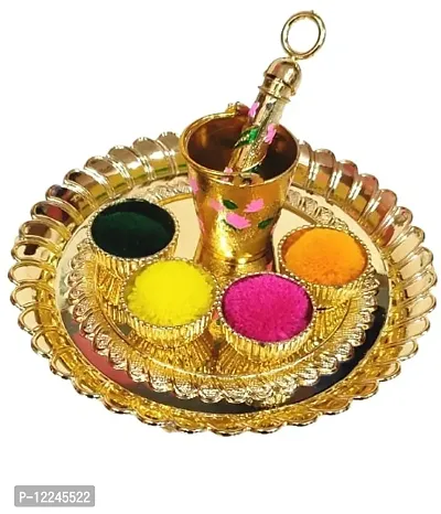 Golden Meenakari Bucket Pichkari, Metallic Finish Plastic Bucket Pichkari for Laddu Gopal Ji Holi CelebrationPlate Diameter 5 inch , 4 empty bowls ]