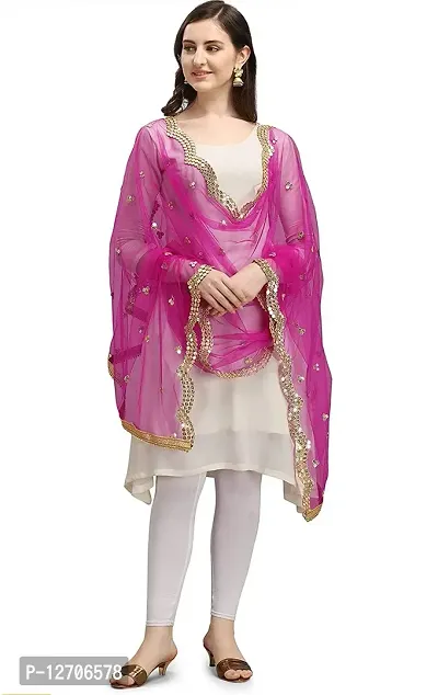 Trendy Net Pink Embroidered And Mirror Work Dupatta For Women-thumb0