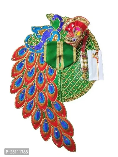 Size 5 Peacock Pattern Thakurji/ Kanha/ Bal Gopal/ Krishna/ Ladoo/ Laddu Gopalji Dress Poshak, Mala, Mukut, Basuri (Green)