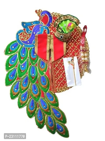 Size 6 Peacock Pattern Thakurji/ Kanha/ Bal Gopal/ Krishna/ Ladoo/ Laddu Gopalji Dress Poshak, Mala, Mukut, Basuri (Red)-thumb0