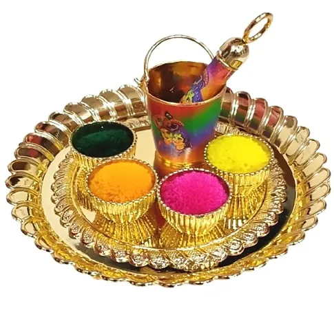 Radha Krishna Printed Bucket Pichkari For Laddu Gopal Ji Holi Celebration MultiColor , Plate Diameter 5 Inch , 4 Empty Bowls