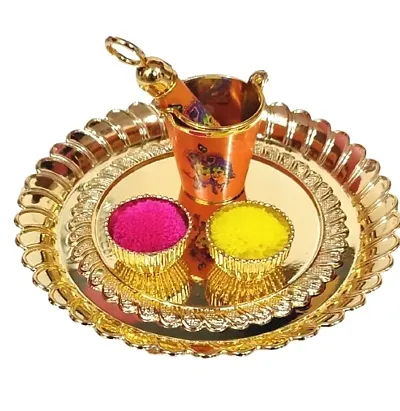 Radha Krishna Printed Bucket Pichkari For Laddu Gopal Ji Holi Celebration Yellow , Plate Diameter 5 Inch, 2 Empty Bowls