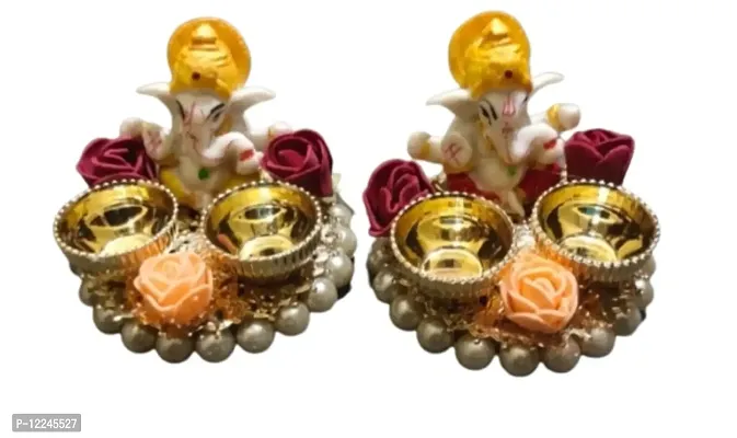 Beautiful Artificial Rose Flower Diya Rangoli Ganpati Haldi kum kum set (Set of 2)