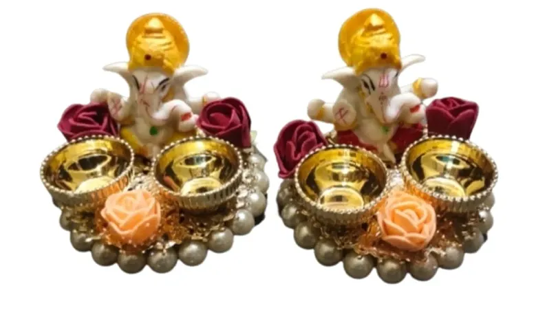 Beautiful Artificial Rose Flower Diya Rangoli Ganpati Haldi Kum Kum Set (Set Of 2)