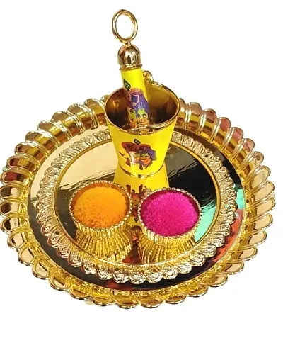 Golden Meenakari Bucket Pichkari For Laddu Gopal Ji Holi Celebration Plate Diameter 5 Inch, 2 Empty Bowls Design 2