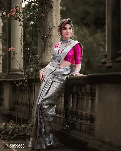 Grey Colored Designer Silk Kanjeevaram Saree with Pink Contrast Running Blouse