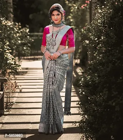 Grey Colored Designer Silk Kanjeevaram Saree with Pink Contrast Running Blouse-thumb2