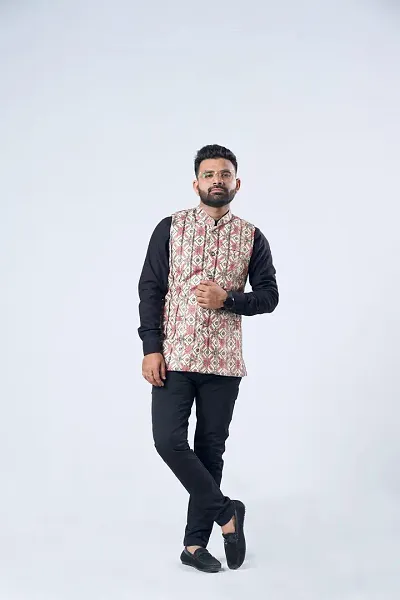 Elegant Cotton Blend Printed Ethnic Jacket For Men