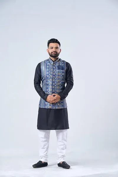 Elegant Cotton Blend Printed Ethnic Jacket For Men