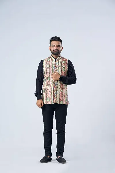 Elegant Cotton Blend Printed Ethnic Jacket For Men