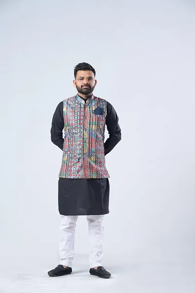 Elegant Cotton Blend Printed Ethnic Jacket For Men