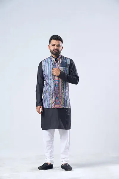 Elegant Cotton Blend Printed Ethnic Jacket For Men