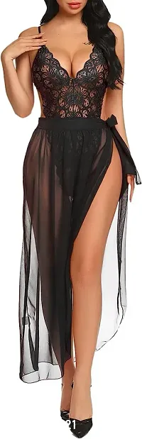 Satin Sleepwear Women Black Long Nightgown Honeymoon Lingerie for