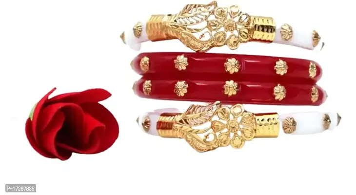 ANMOL BANGLES Plastic Gold Plated Red  White Coloured Shakha Pola Bangle Set for Women Pack of 4 Pieces-thumb0