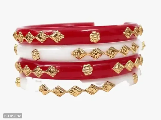 ANMOL BANGLES Plastic Gold Plated Red  White Coloured Shakha Pola Bangle Set for Women Pack of 4 Pieces