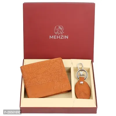 MEHZIN Men Formal Tan Genuine Leather RFID Wallet  Key Ring 2Pcs Combo Gift Set  (8 Card Slots) Wallet  Key Ring Combo Gift Set . Style-171