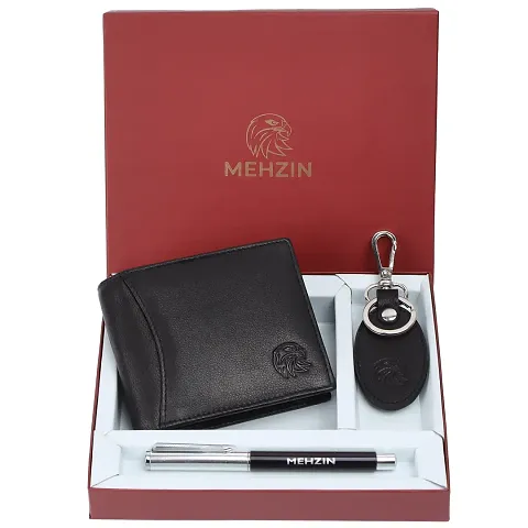 MEHZIN Men Formal Genuine Leather RFID Wallet With Pen Key-Chain Combo Set (9 Card Slots)