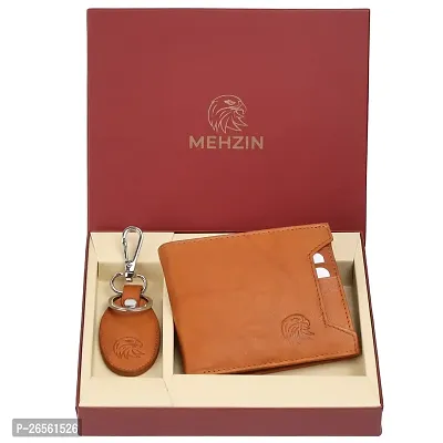 MEHZIN Men Formal Wallet  Key Ring Tan Genuine Leather RFID Wallet  (8 Card Slots) Style 142 Wallet  Key Ring Combo Gift Set